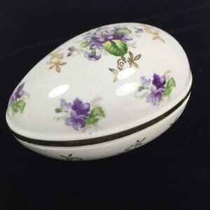 Vintage Loft Egg-Shaped Porcelain Trinket Box Candy Dish Gold Accents Floral